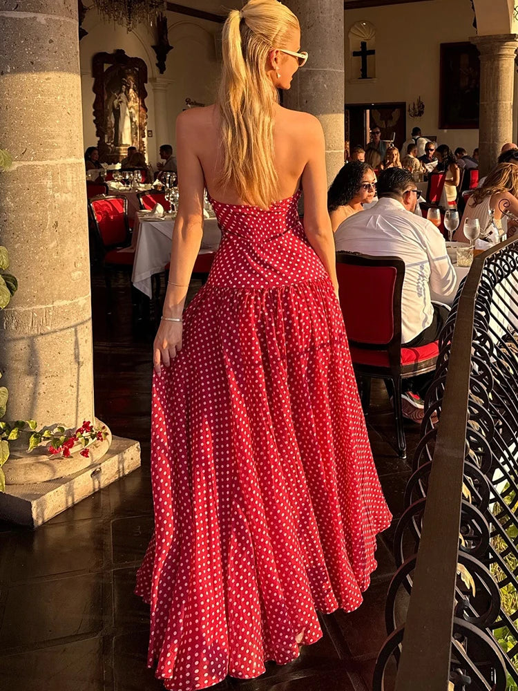Red Polka Dot Halter Backless A-Line Maxi Dress