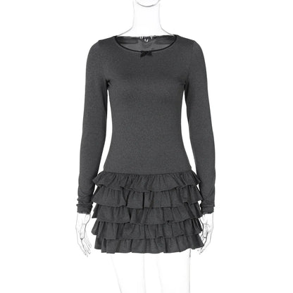Ruffl Mini Dress with Bows and Frills Gray