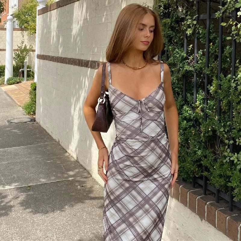 Brown Plaid V-Neck Slim Maxi Dress