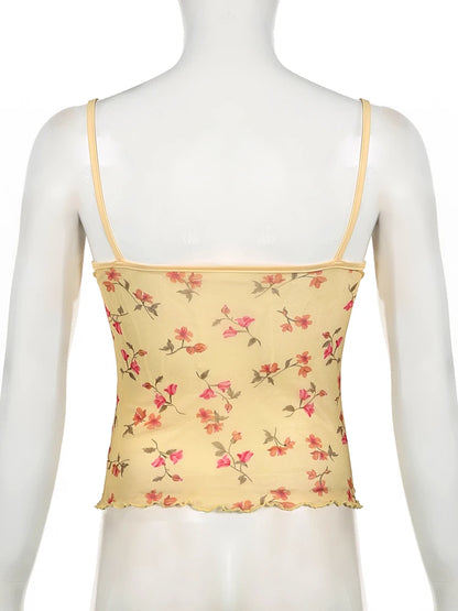 Yellow Floral Mesh See-Through Camisole Top