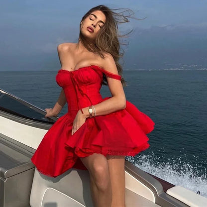 Red A-Line Lace-Up Mini Dress