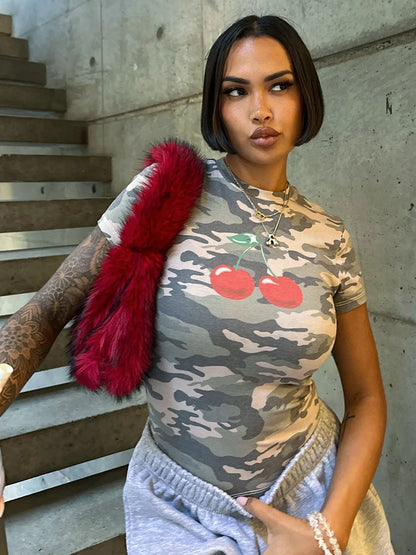 Army Green Short Sleeve Cherry Print T-Shirt