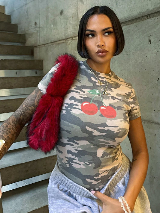 Army Green Short Sleeve Cherry Print T-Shirt