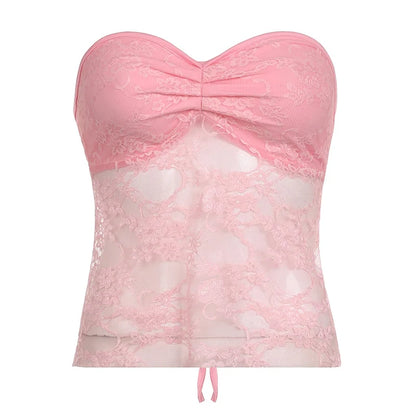 Off Shoulder Lace-up Camisole Crop Top Pink