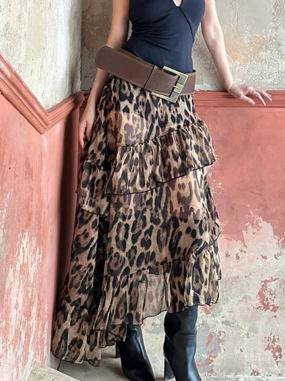 Leopard High Waist Ruched Long Skirt