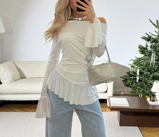 Ruffled Solid Flare Sleeve Off Shoulder Pullover T-shirt Top