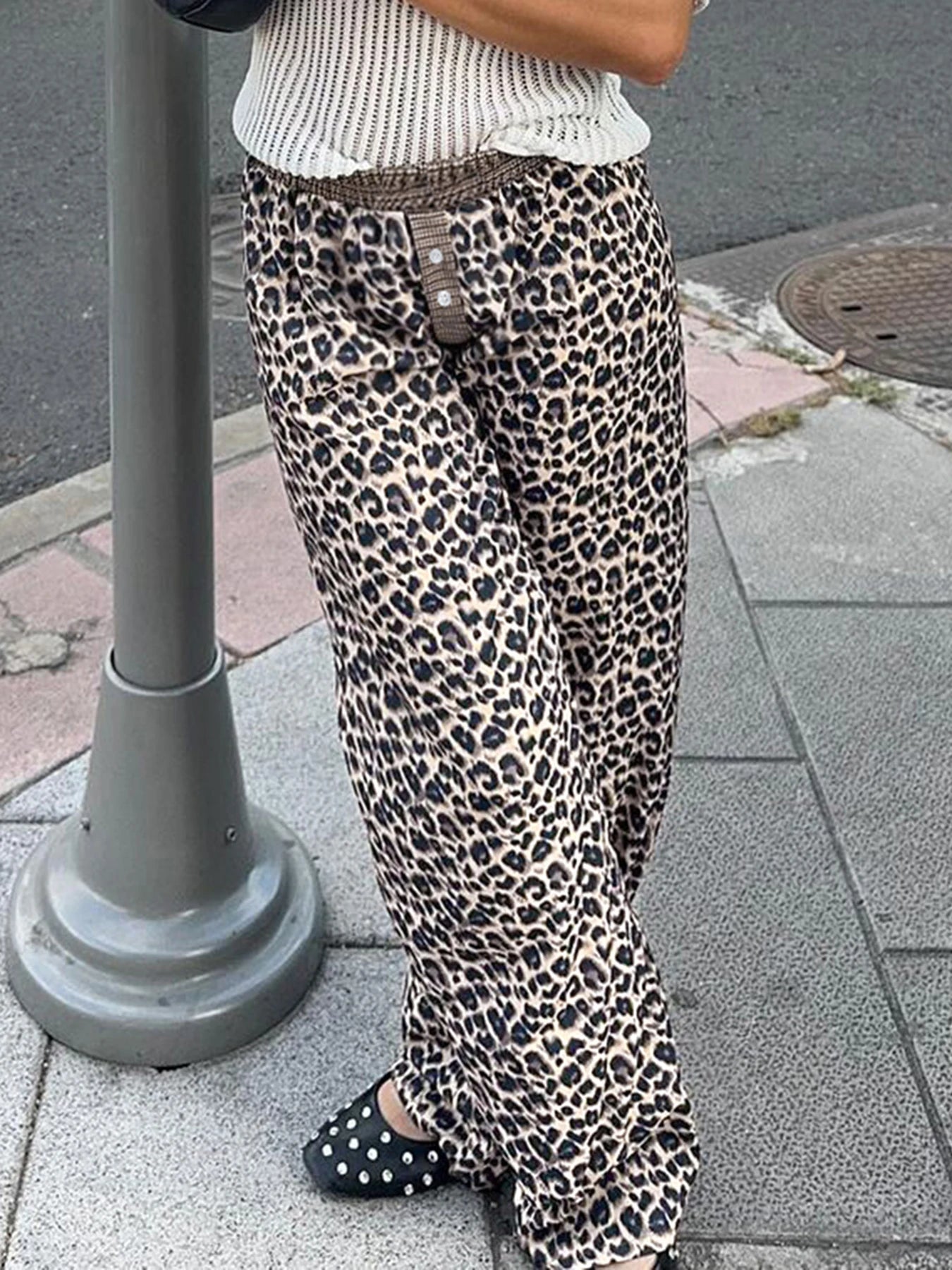 Leopard Patchwork Straight Pant Elatic Wait Trouer Baggy Bottom