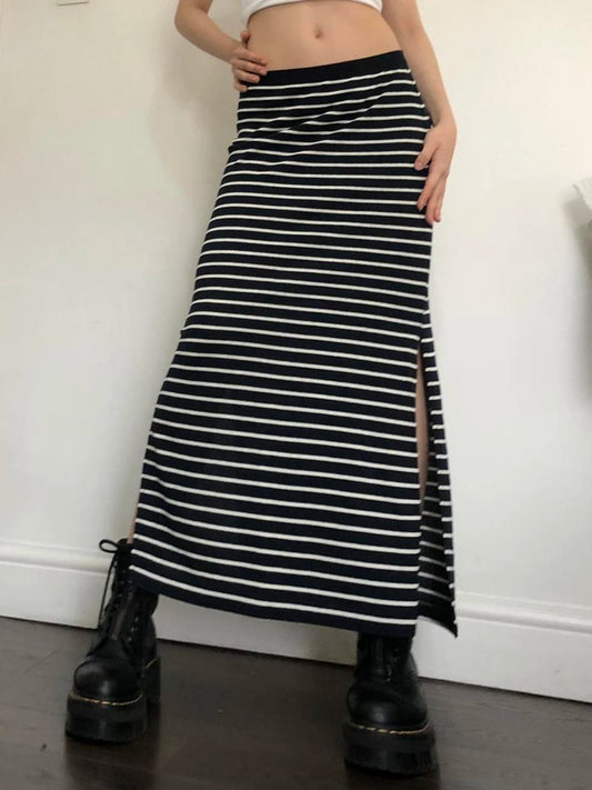 Strip Long Skirt Straight Bottom Slit Skirt
