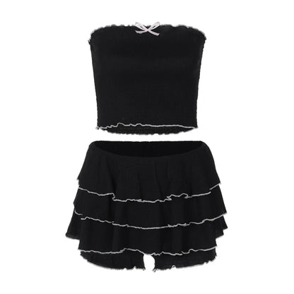 2 Pcs Black Bow Strapless Crop Top & Pleated Skirt Set