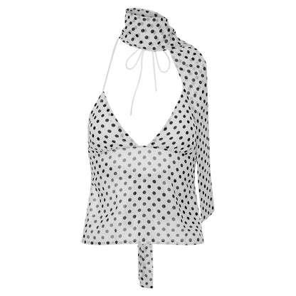 Backless V-Neck Polka Dot Top Gray