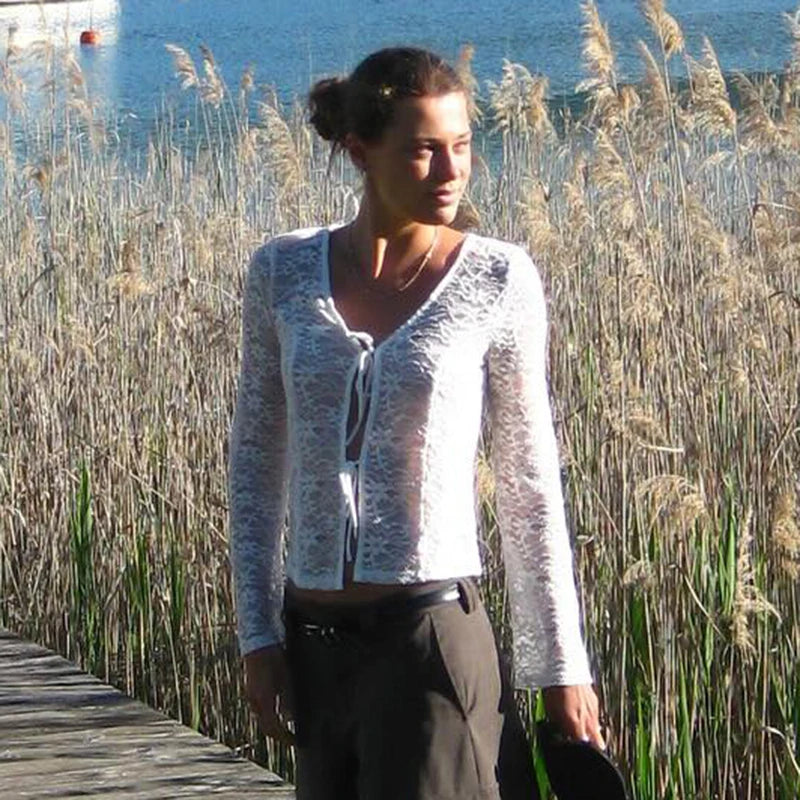 Lace Hollow Out See Through Long Sleeve Top