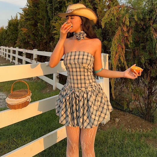 Green Off Shoulder Plaid Mini Dress