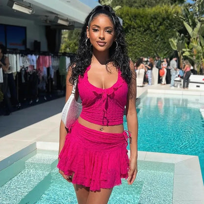 Hot Pink Lace Top & Mini Skirt Set
