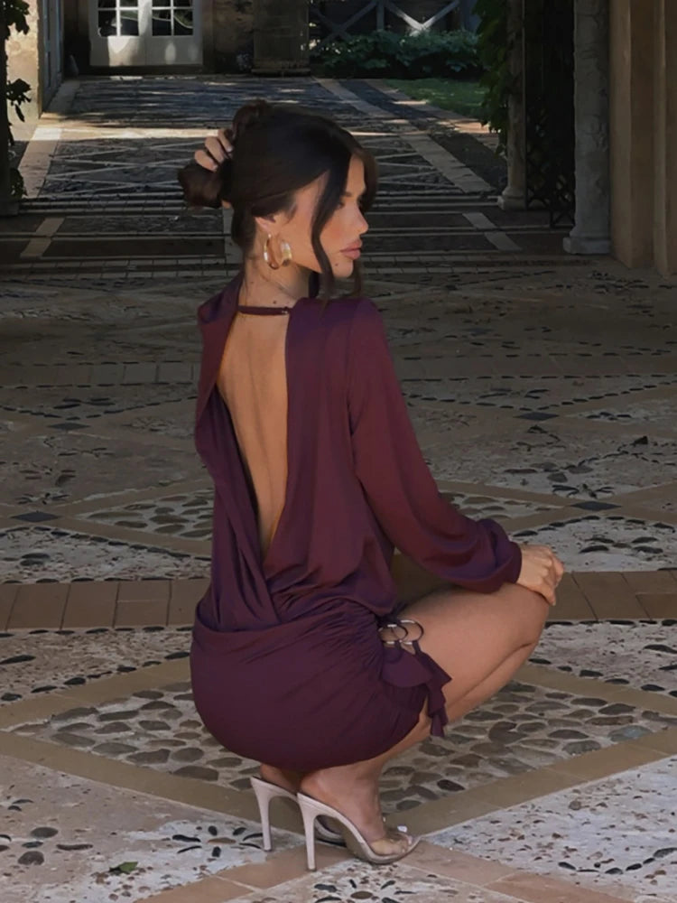 Ruched Backless Dress Deep V-Neck Full Sleeve Rings Patchwork Irregular Hem Mini Bodycon