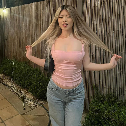 Pink Square Collar Backless Top