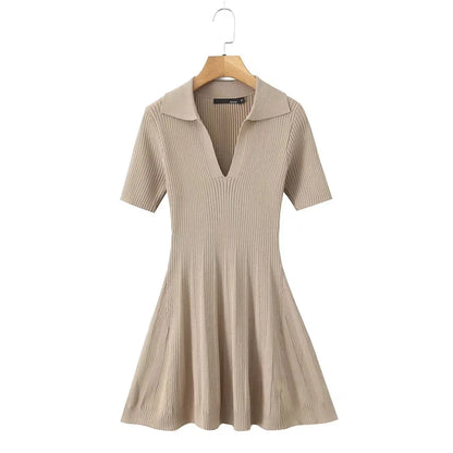 Khaki Knit Bodycon Dress with Polo Collar Khaki One Size