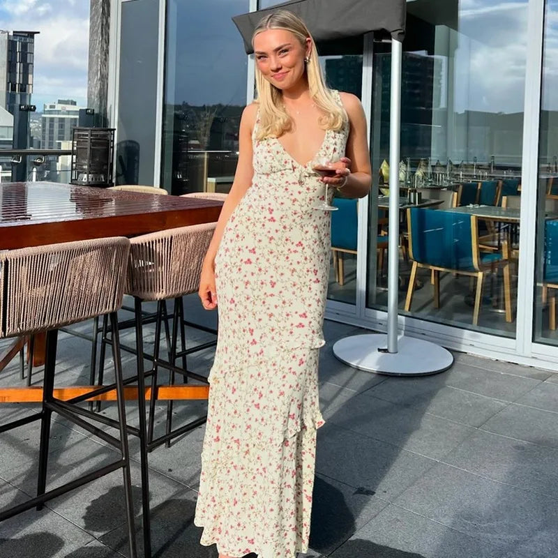 Apricot Floral V-Neck Maxi Dress