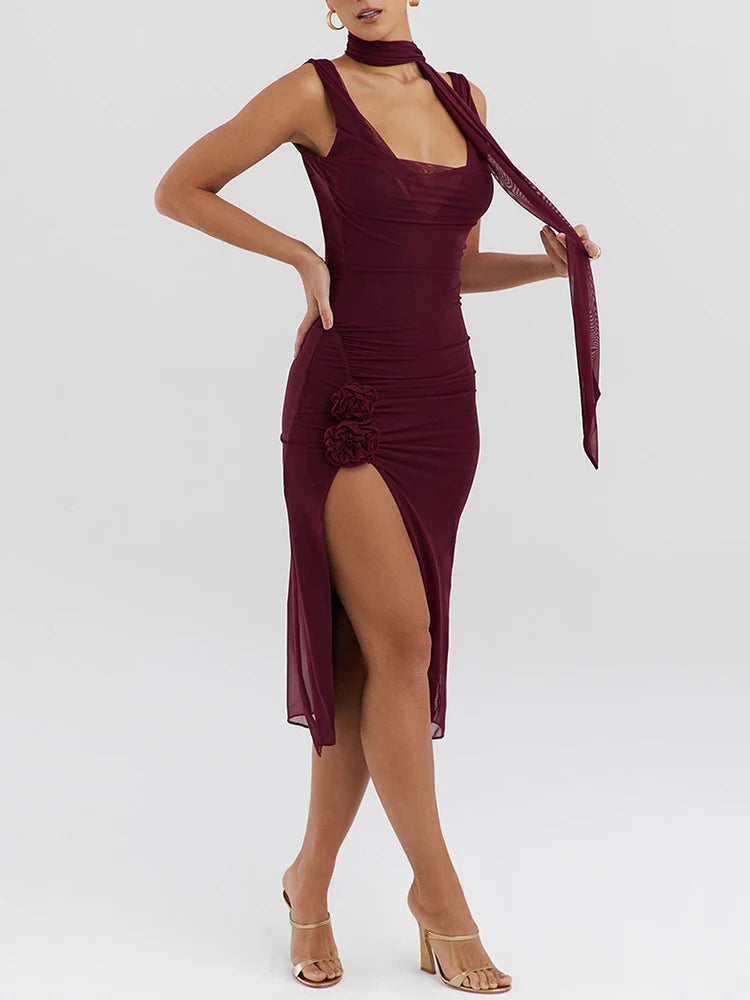 Wine Split Backless Midi Dress