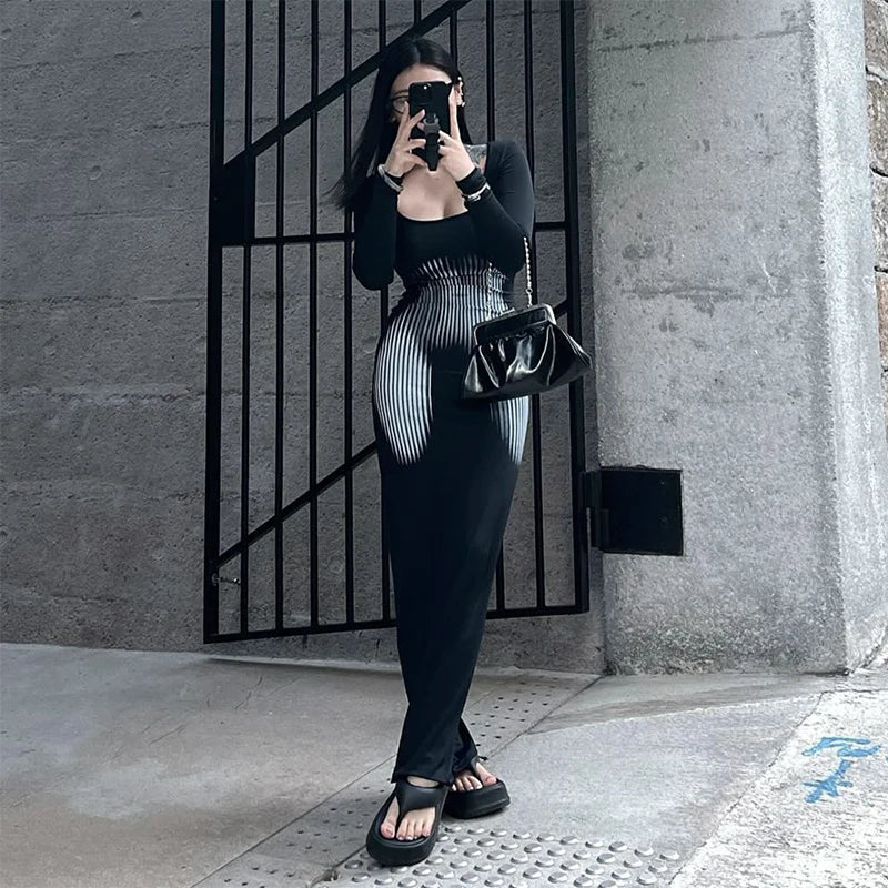 Square Collar Long Sleeve Dress High Waist Abstract Stripe Body Dress Wrap Mermaid Dres