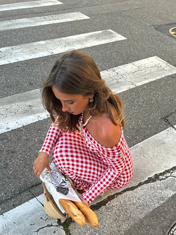 Red Plaid Off Shoulder Maxi Dress