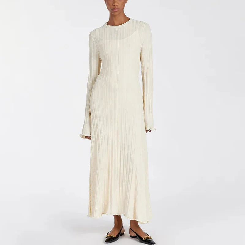 Knit Loose Maxi Dress Lace-Up High Waist Ribbed Long Sleeve Dress Knit Long Dress