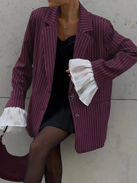 Patchwork Notched Collar Lace Blazer Flare Sleeve Single Breasted Jacket Femme Loose Coat