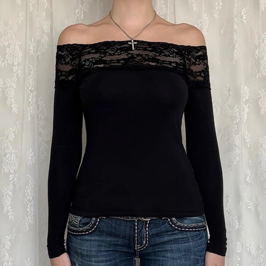Slash Neck Tshirts Slim Lace Vinatge Long Sleeves Top