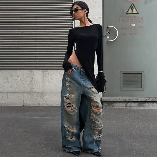 Asymmetrical Long Sleeve Black Top