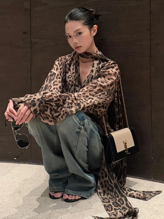 Leopard Chiffon Halter Long Sleeve Shirt