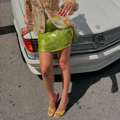 Shiny Sequin Low Waist Mini Skirt with Side Split Green