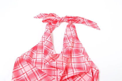 Red Plaid Halter Bandage Backless Top