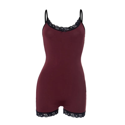 Red Deep V Neck Lace Camisole Playsuit Wine Red