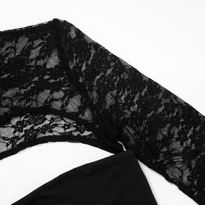 Black Round Neck Lace Hollow Long Sleeve Top