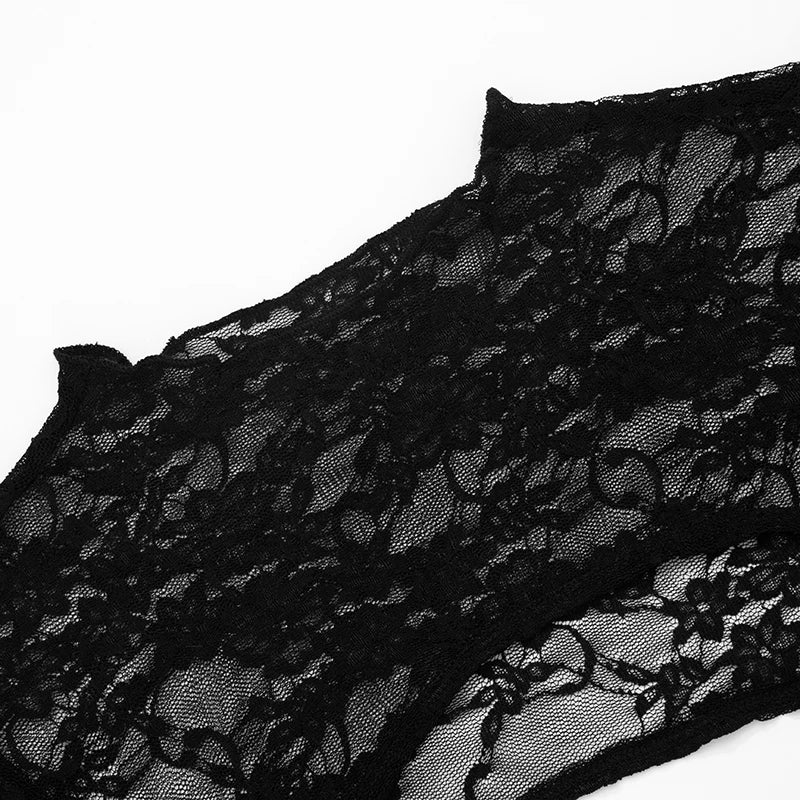 Black Round Neck Lace Hollow Long Sleeve Top