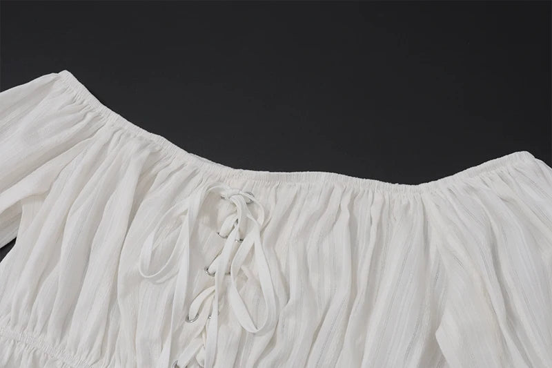 White Off Shoulder Ruffle Puff Short Sleeve Crop Top