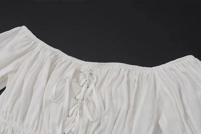 White Off Shoulder Ruffle Puff Short Sleeve Crop Top