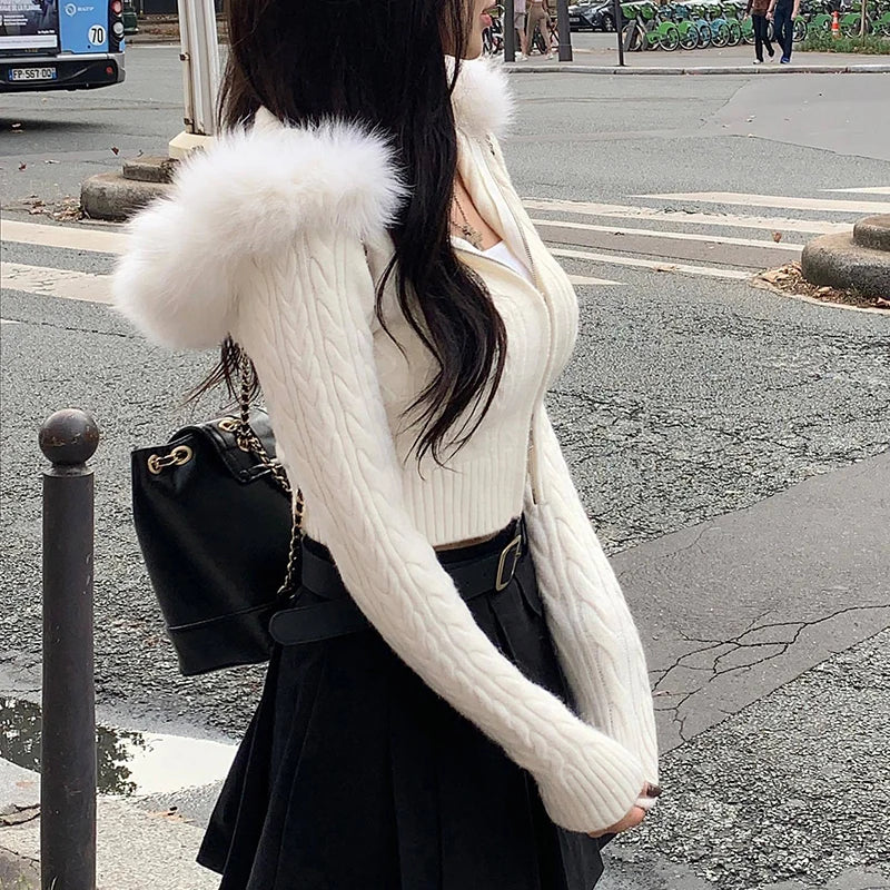Zip Up Hoodie Coat with Fur Neck