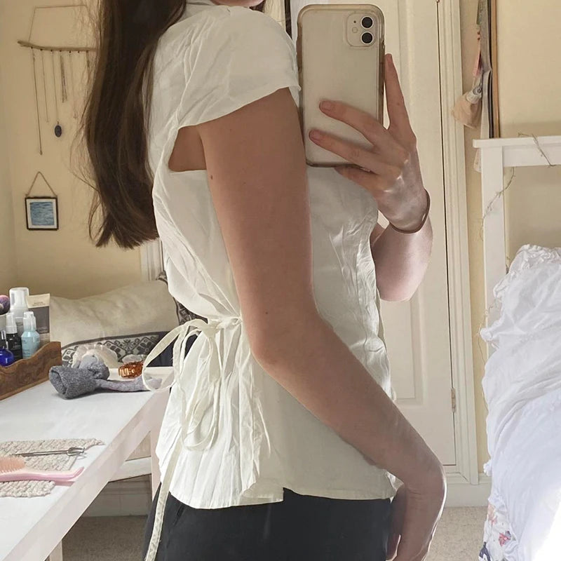 Turn-Down Neck Tee Shirts Short Sleeves Top Ruched Lace-up