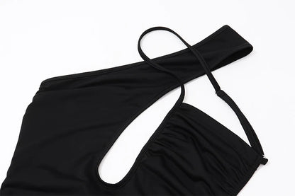 Black Irregular Halter Backless Bodysuit