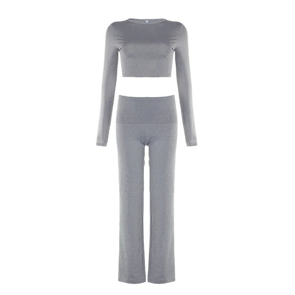 Crewneck Yoga Top and Full Length Pants Set Light Gray