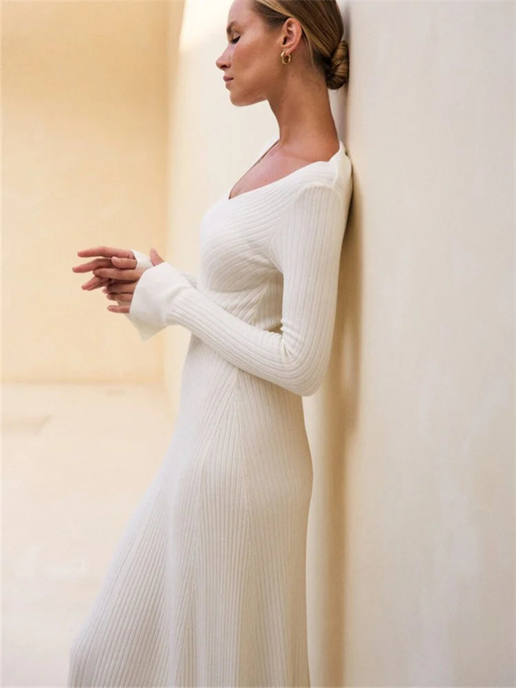 V-Neck Ribbed Knit Dress Patchwork Ruffled Slim High Waist Long Sleeve Bodycon Dress Knit Vintage Maxi Dress