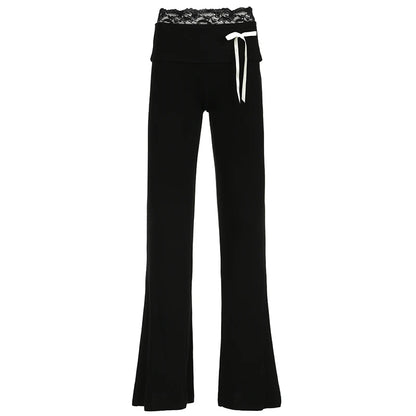 Lace Patchwork Bow Straight Pants - Stylish Joggers black