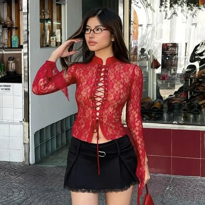 Red See Through Lace Top