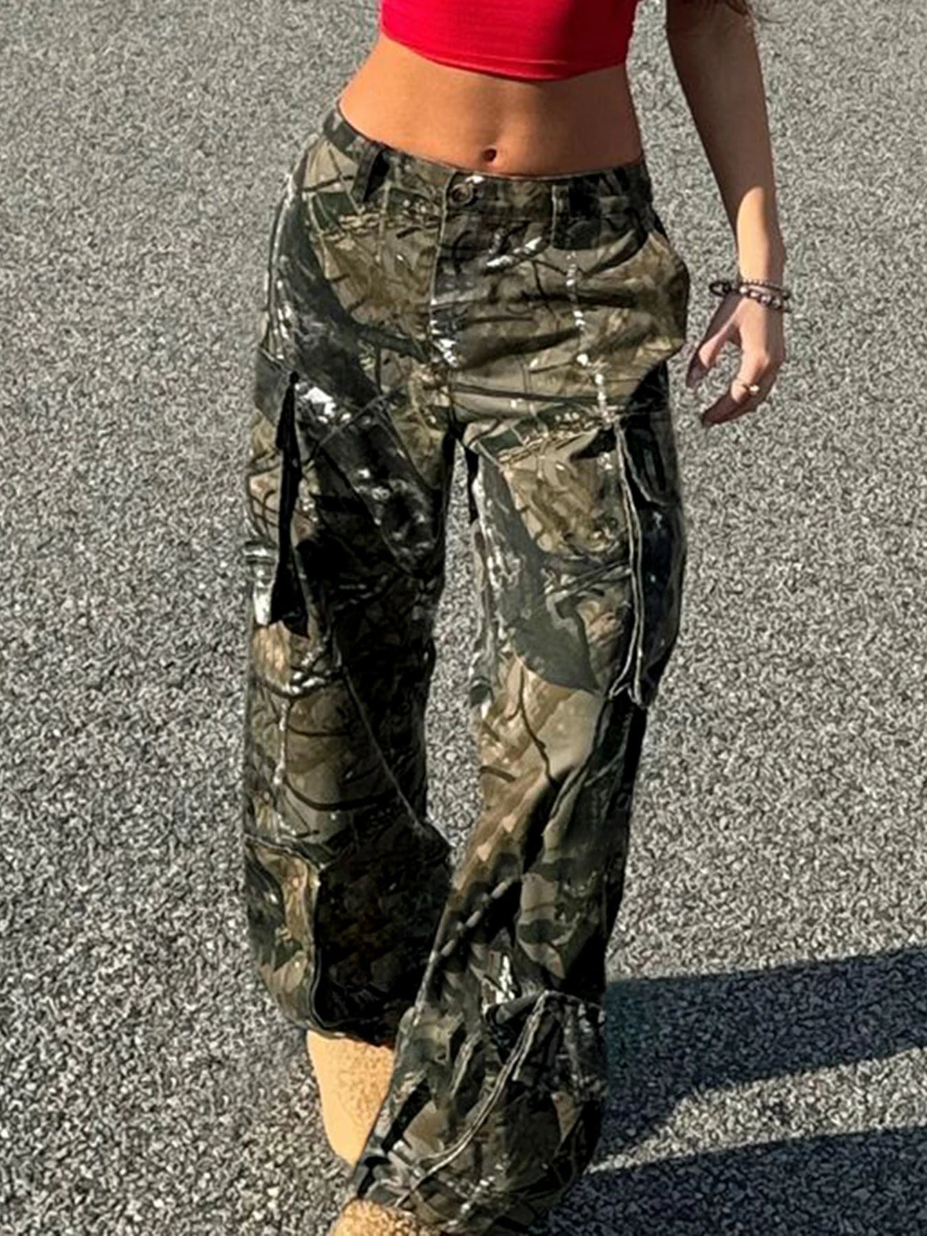 Baggy Cargo Pants Pockets Print Bottoms Straight Pants