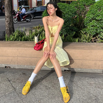 Yellow Strapless Crop Top and High Waist Midi Skirt Set