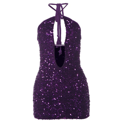 Purple Sequins Backless Slim Mini Dress