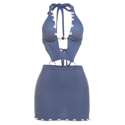 Blue Crochet Backless Pearl Halter Bodycon Dress Blue