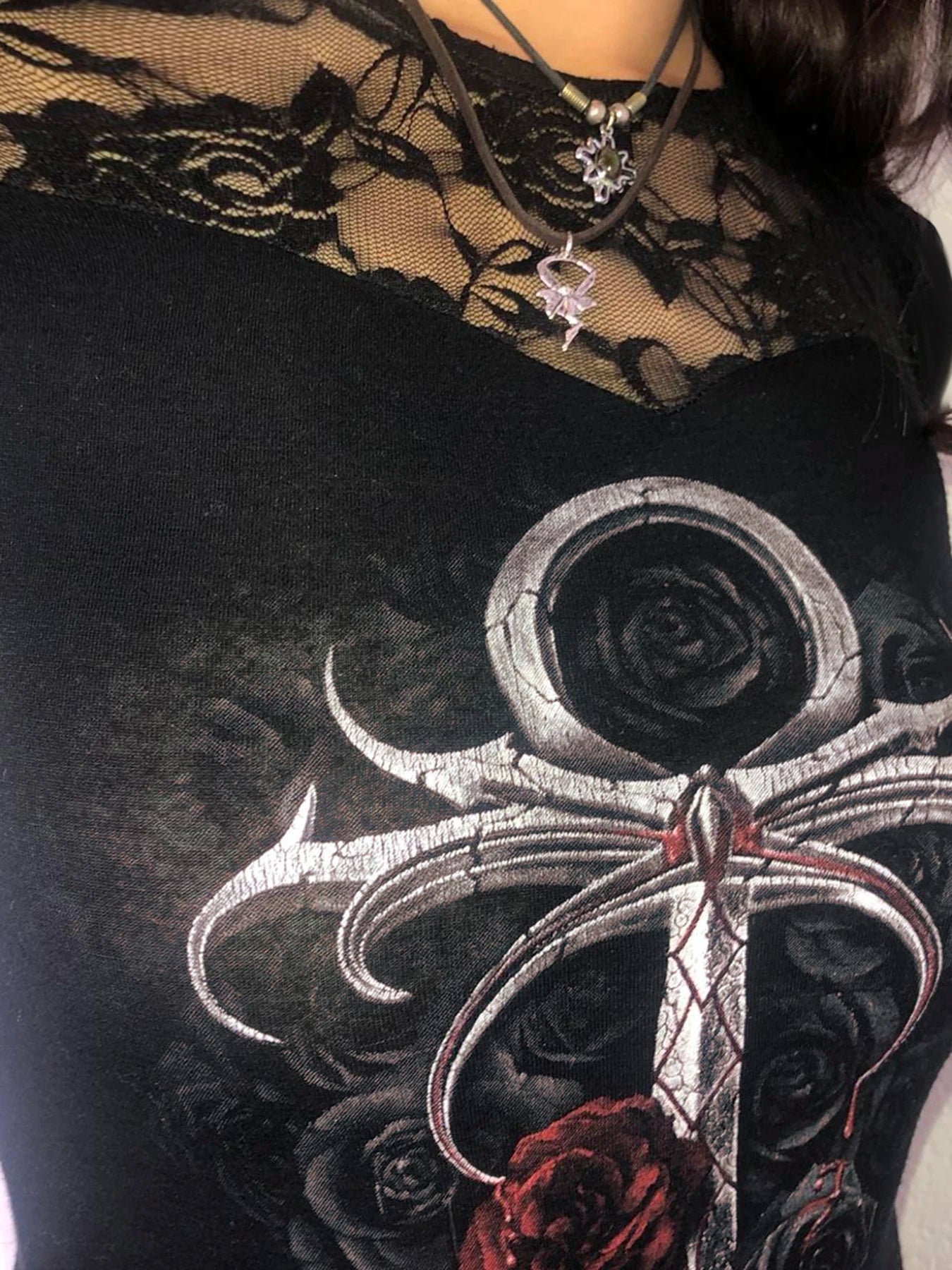 Gothic Lace Print Slim Top Long Sleeves Tee Shirts ing