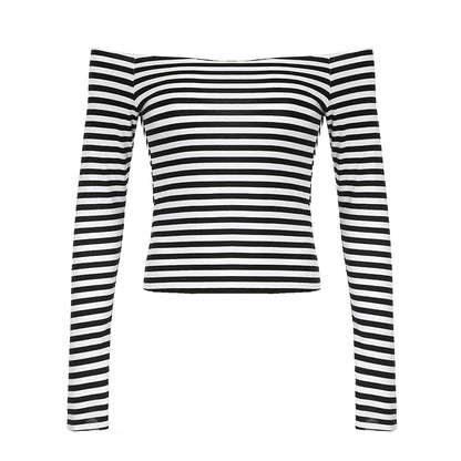 Slah Neck Striped Long Sleeve Crop Top black