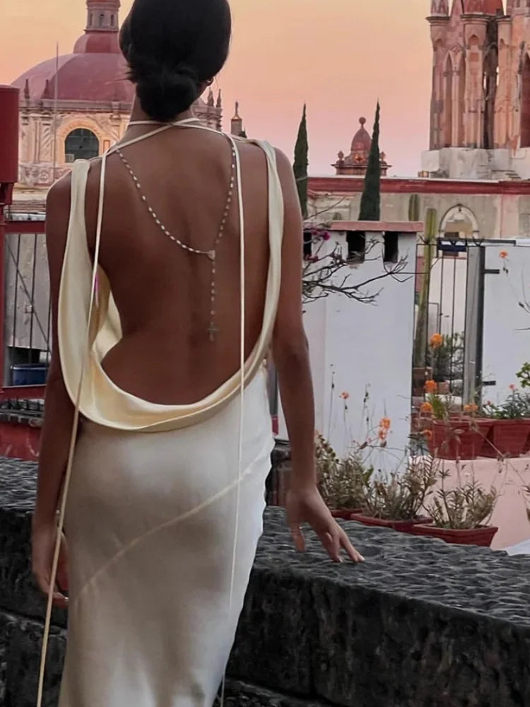 Backless Maxi Dress Sleeveless V-Neck Lace Up Bodycon Lady Vestido